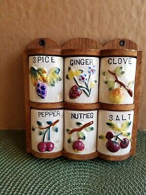 VTG GNCO Made Japan Wood Spice Rack w/ 6 Ceramatic Spice Shakers
