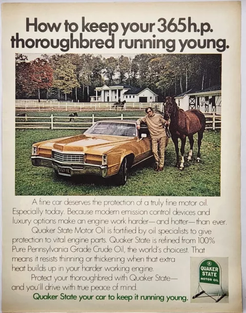 1972 Quaker State Motor Oil Cadillac Fleetwood Eldorado Horse Farm Vtg Print Ad