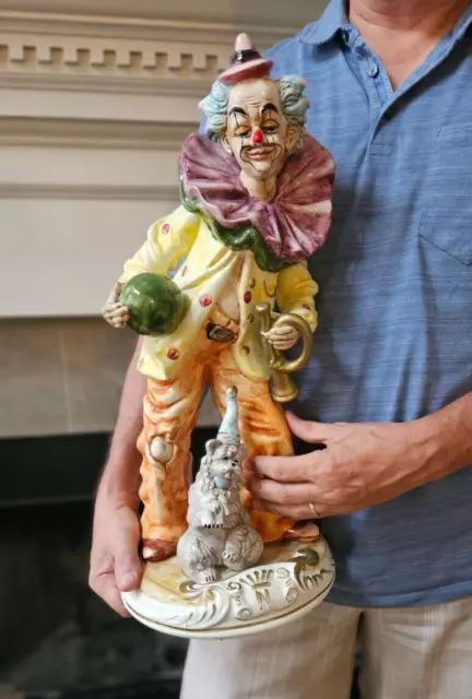 Large Capodimonte Porcelain Clown with Horn, Ball & Dog Italy  Majolica