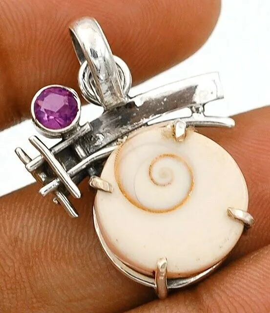 Natural Shiva Shell & Amethyst 925 Solid Sterling Silver Pendant ED18-9