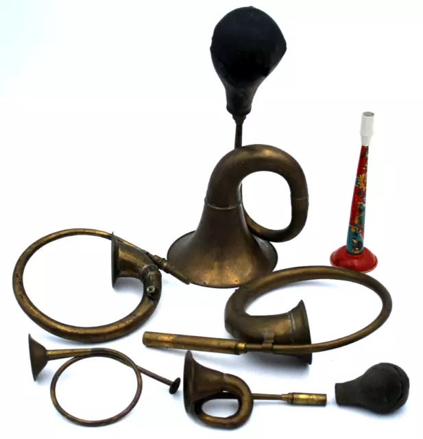 6 Old Horns Brass Tin Awooga Car Home Vintage Musical Instruments Decor