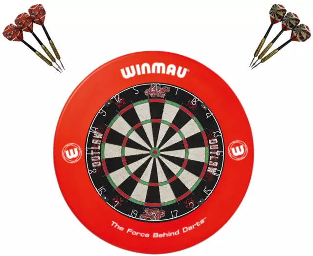 SHOT DARTS Outlaw Bristle Dart board + Winmau PRINTED RED Dartboard Surround