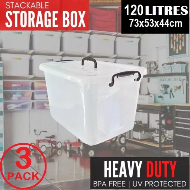 3 X 120L Clear Plastic Storage Box Stackable Heavy Duty Bin Tubs Boxes Container