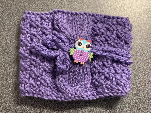 Hand Knitted Lavender Mug Cosy With Cute Owl Button 3