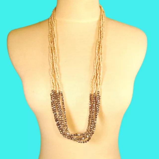 32" Long Multi Strand Natural Boho Style Handmade Silver Tone Seed Bead Necklace