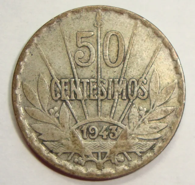 1943 Uruguay Fifty 50 Centesimos Silver World Coin