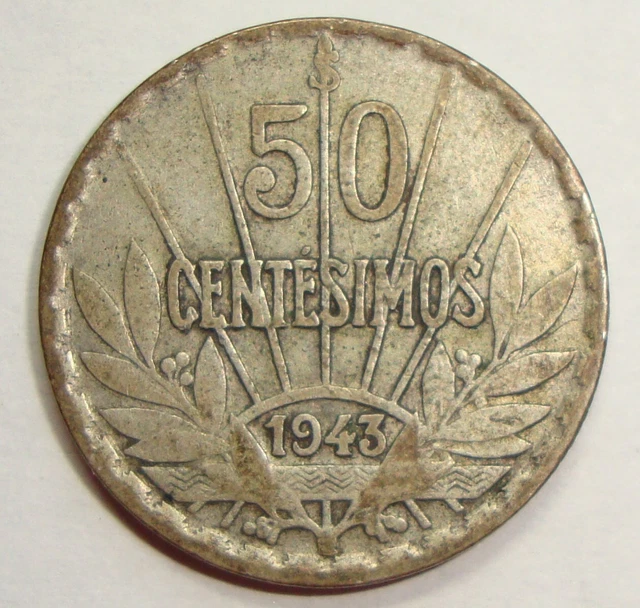 1943 Uruguay Fifty 50 Centesimos Silver World Coin