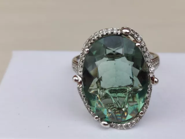 Estate Jewelry 925 Fine Sterling Silver Green Amethyst Cocktail Ring Size 11.75