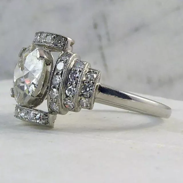 Vintage Art Deco 2.5 Ct Round Cut Lab-Created Diamond Engagement Old 1930's Ring
