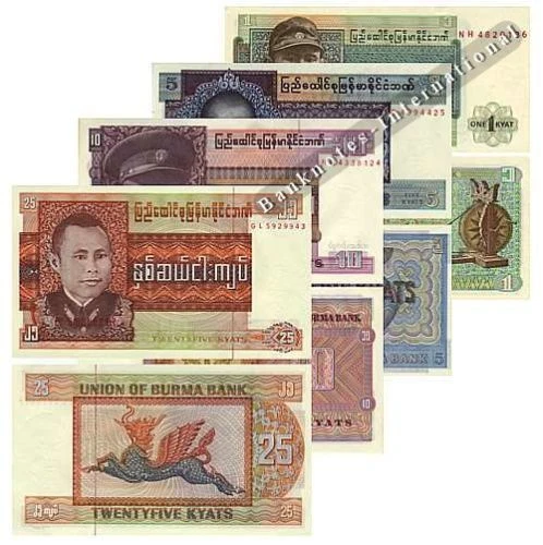 Burma 4 Note Set 1 5 10 25 Kyats P 56 57 58 59 Unc Myanmar