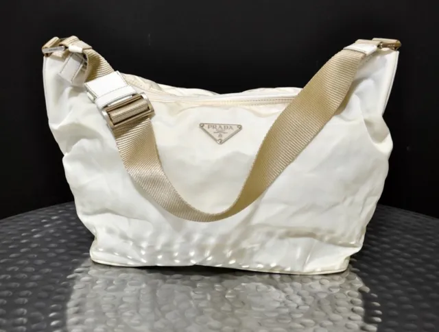 PRADA Vela Sport Shoulder Bag Nylon HOBO  BR1096 BIANCO Cream White Tan w/card