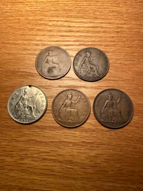 British Coins U.K. Penny Lot of 5 - 1920, 1928, 1936, 1940, 1945