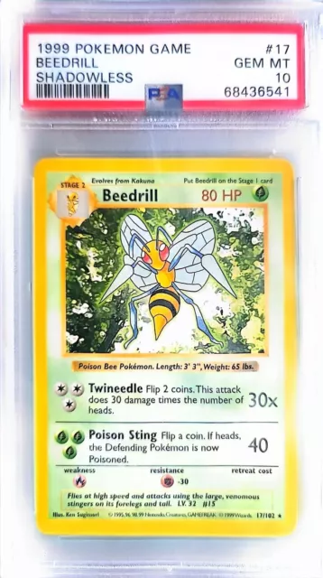 Pokemon Card Beedrill 17/102 Shadowless Rare Base Set 1999 PSA 10 GEM MINT