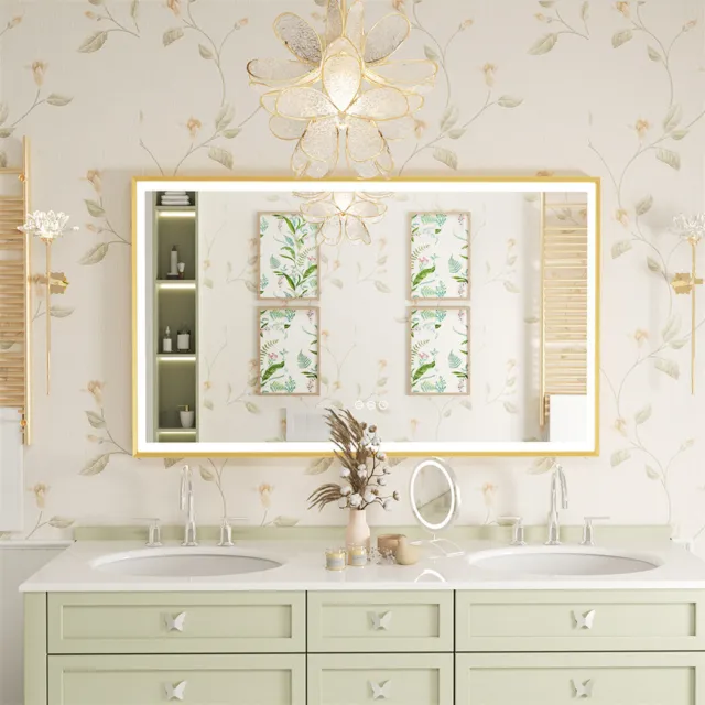 Brushed Gold Frame LED Bathroom Mirror Anti-Fog 45° Angled Light Beveled Diffuse