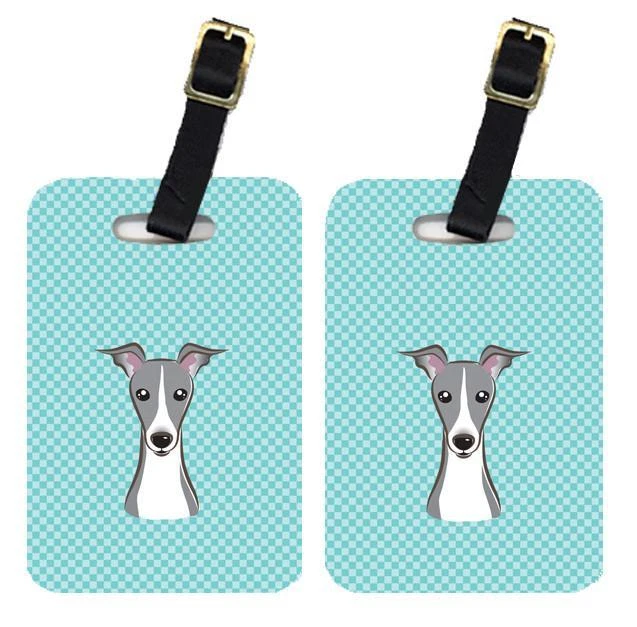 Checkerboard Blue Italian Greyhound Luggage Tag Set of 2  BB1174BT-S