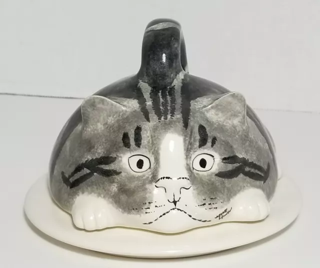 Signed Mike Hinton Winstanley Gray Tabby Cat Covered Butter Dish Cheese