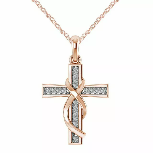 Rose Gold White Topaz Catholic Crucifix Christian Jesus Christ Cross Necklace