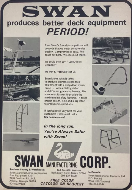 Swimming Pool Print Ad Vtg 1968 Rare Swan Manufacturing Rockaway New Jersey