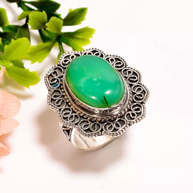 Chrysoprase Gemstone Vintage Handmade 925 Sterling Silver Ring 9 US GSR-4707