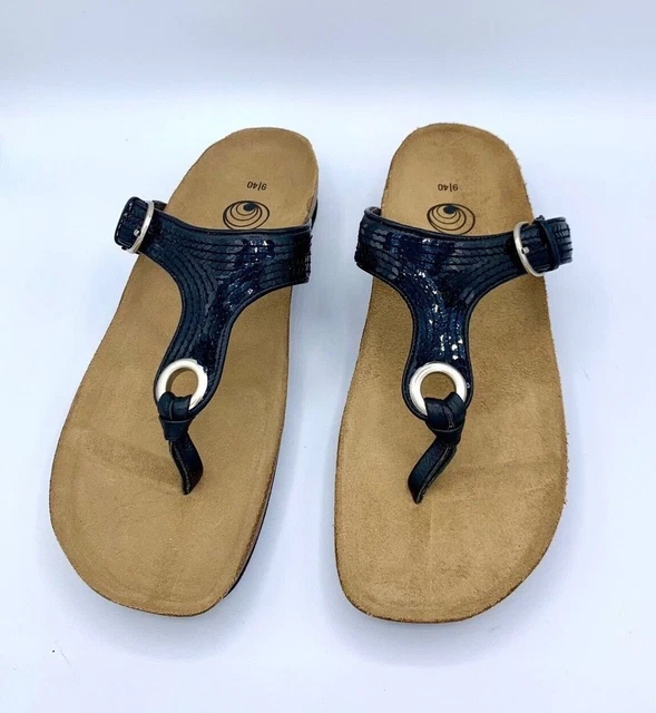 EuroWellness Balance Leather Sequin Thong Sandal, Black - (9)