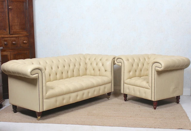 Leather Chesterfield Sofa and Armchair Set Large 3 Seater Chair Light Cream