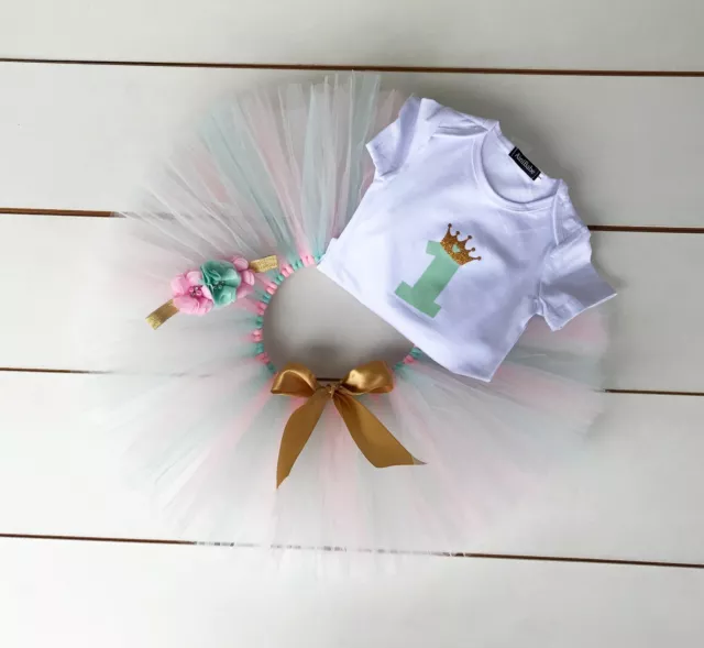 SALE! Light Pink, Mint & Gold 3 Piece Cake Smash Outfit First Birthday Baby Girl