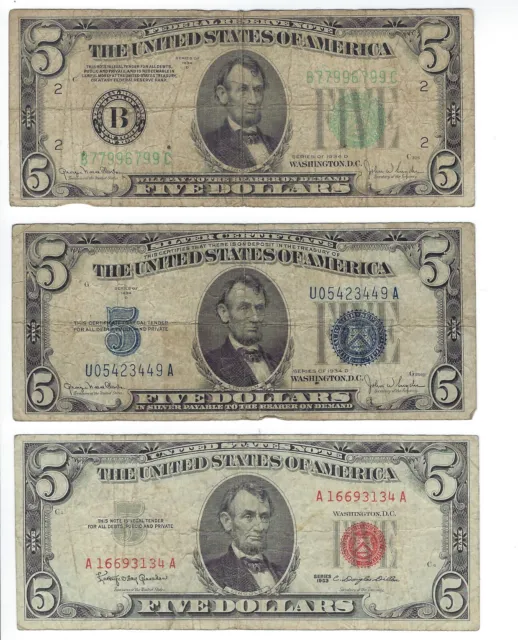 1934 D 1963 Series $5 Silver Certificate FRN Paper Money 5 Dollars Circulated