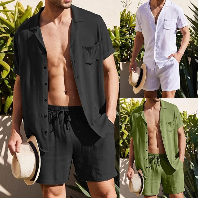 Mens Cotton Linen Shirt Tops + Casual Shorts Summer Short Sleeve Outfit Set