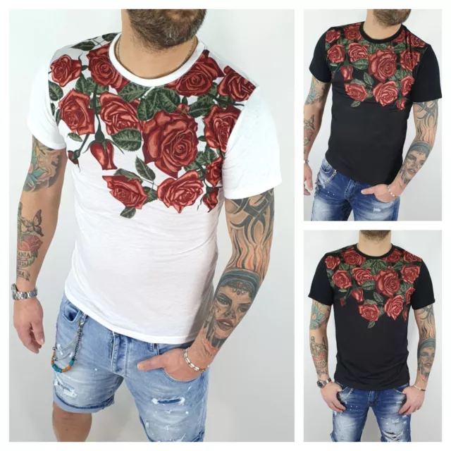 Maglietta da Uomo Slim Fit T-Shirt Cotone Maniche Corte Maglia Aderente Rose