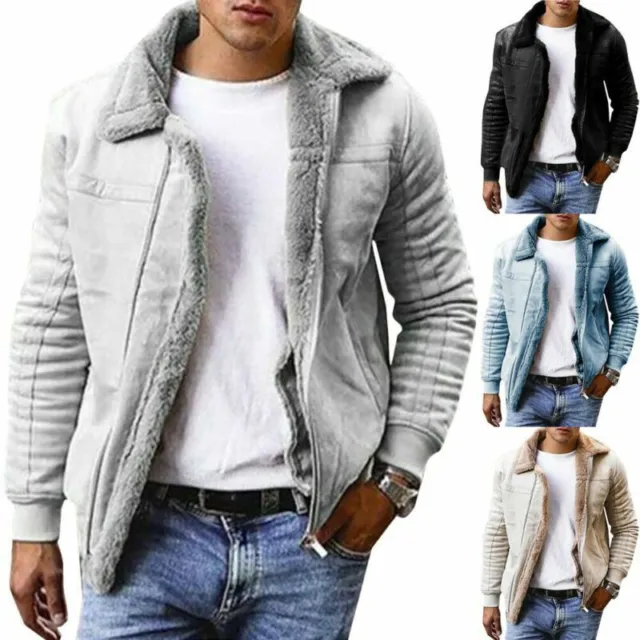 Men Winter Faux Fur Lined Fleece Coat Zip Up Long Sleeve Outwear Warm Jacket