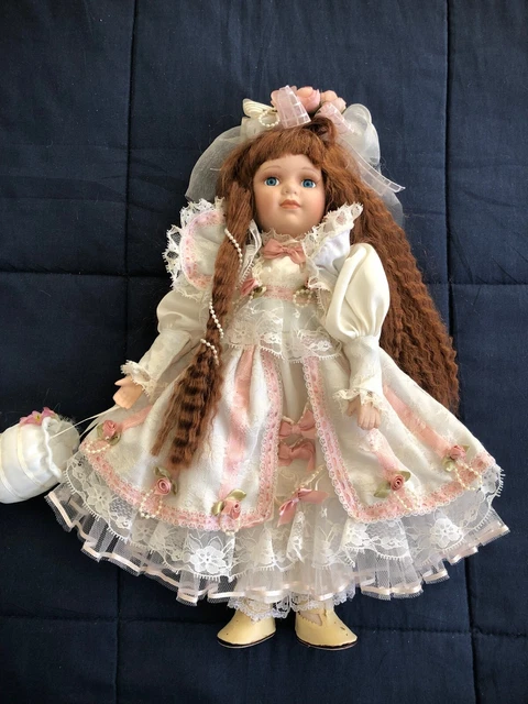 DUCK HOUSE HEIRLOOM PORCELAIN DOLL~ Redhair ~18"tall~ Lace, Rosebuds and purse