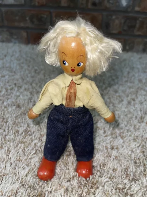 Vtg Boy Peg Wooden Polish Doll Hand Painted Dressed Red Shoes Made in Poland 7"