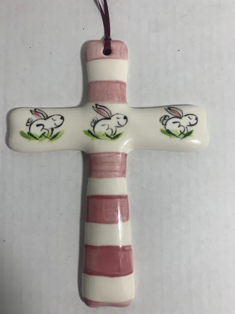 Ceramic Cross Hand Painted  White Pink Strips Racing Bunnies