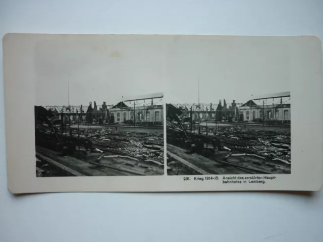 Stereobild NPG Krieg 1914-15 Nr. 231 Ansicht des zerstörten Hauptbahnh. Raumbild