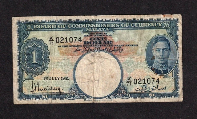 Malaya 1 dollar 1941 P-11  VG