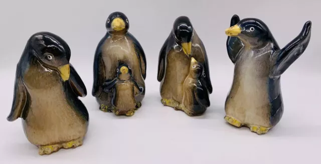 Set of 4 Vintage Ceramic Penguins Family Unit Adults and Babies Hand Painted