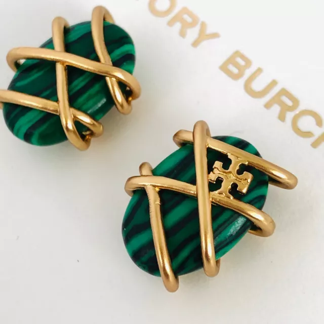 Auth Tory Burch Roxanne Semi Precious Malachite Wrapped Stud Earrings NWT $148