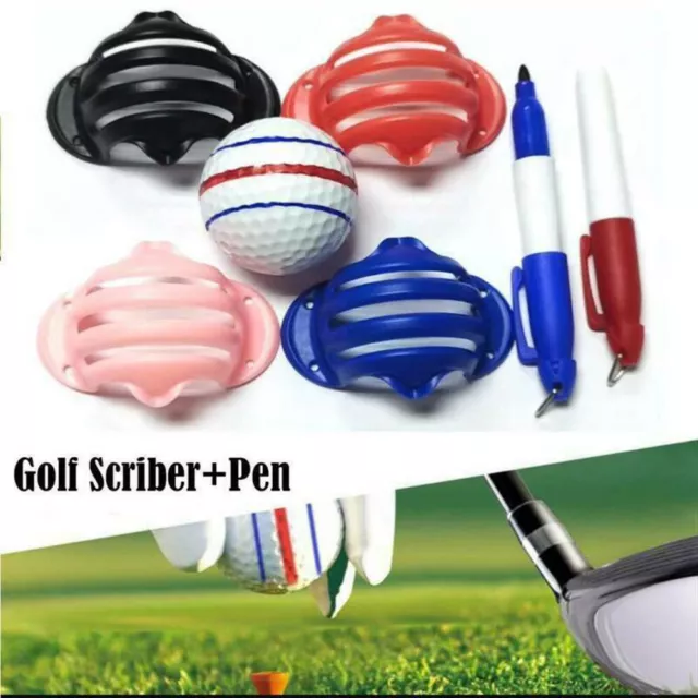 Golf Ball Stencil Triple Track 3 Line Drawing Putting Line Marker + 2 Pen Set