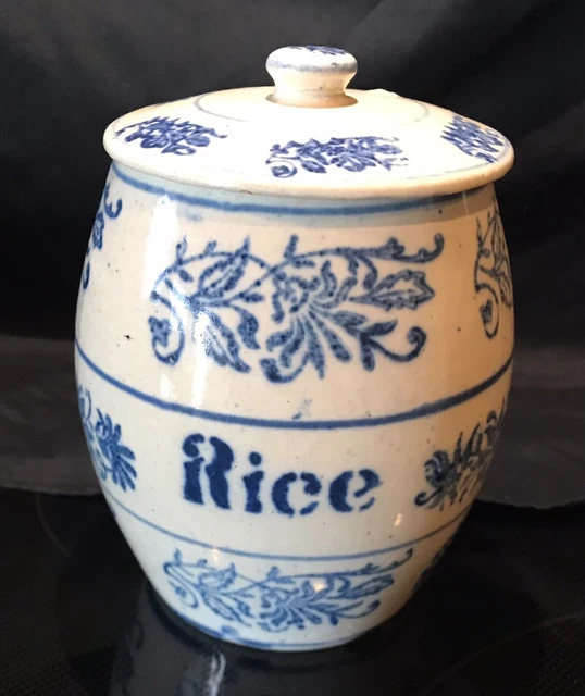 BRUSH McCOY BLUE & WHITE STENCILED WILDFLOWER Rice POTTERY-STONEWARE CANISTER