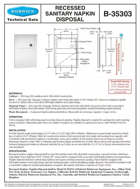 Bobrick Recessed Sanitary Napkin Disposal B-35303 NEW 309815 2