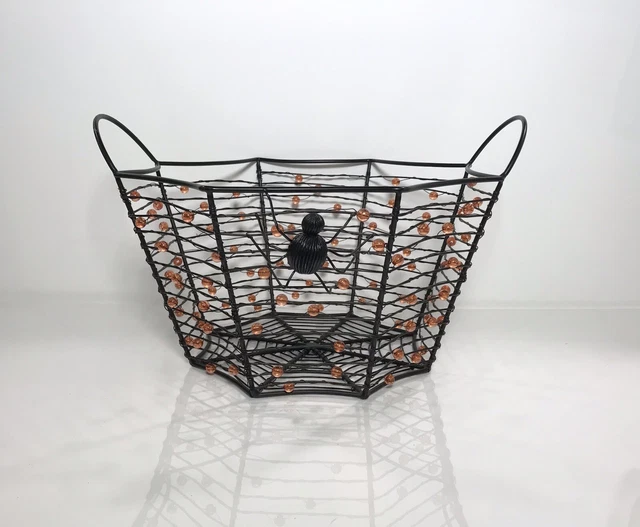 Pier 1  Wrought Iron Wire Basket Beaded  Spider Web Decorative Halloween Basket