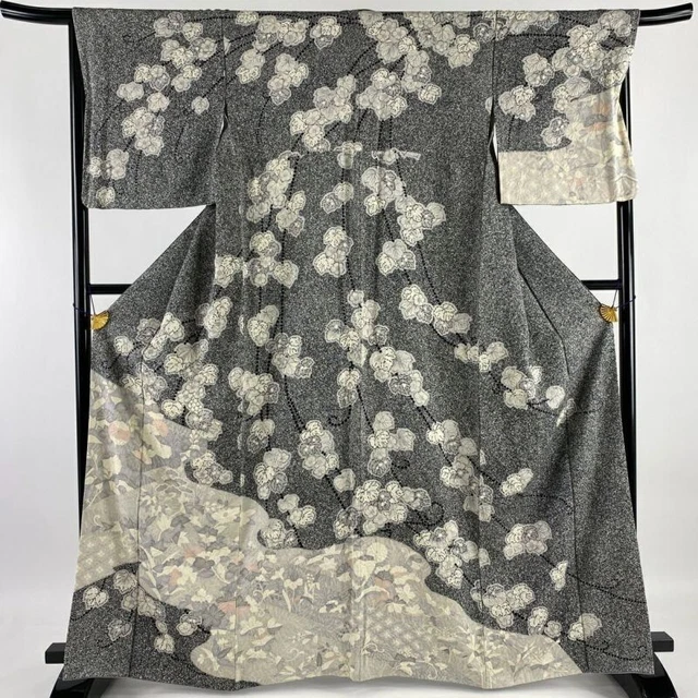 Woman Japanese Kimono Houmongi Silk Grass Ivy Shibori Black Gray