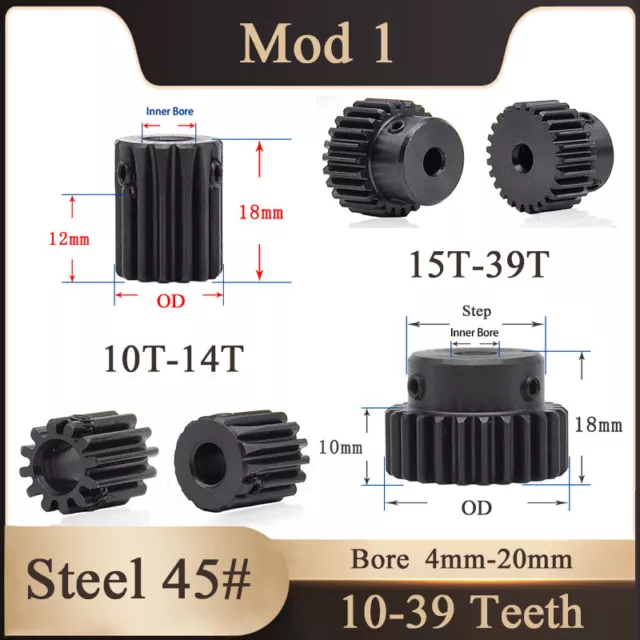 Mod 1 Steel 45# Spur Pinion Gear 10-39 Teeth Motor Gear 4-20mm Bore With Screw