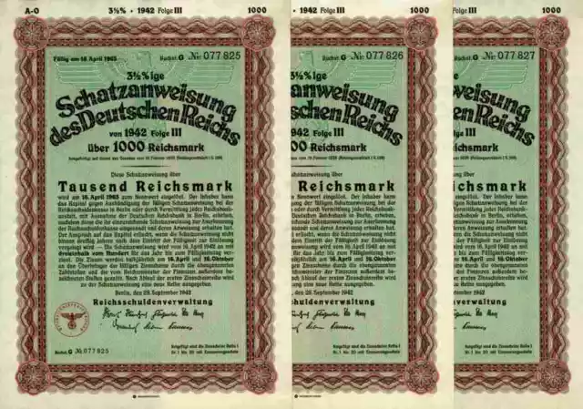 3 x DEUTSCHES Reich Schatzanweisung 1942 Berlin 1000 RM Schultzenstein + Kupons