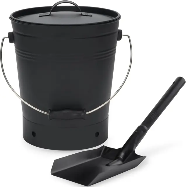 Ash Bucket with Lid and Wood Handle Coal Shovel, Ash Carrier Pail Fireplace Tool