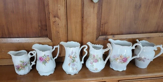 Lot 6 crémiers/pots à lait anciens, porcelaine fleurie, décors variés