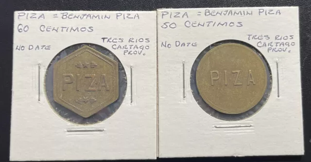 Costa Rica 50 and 60 Centimos Brass Tokens:  Piza