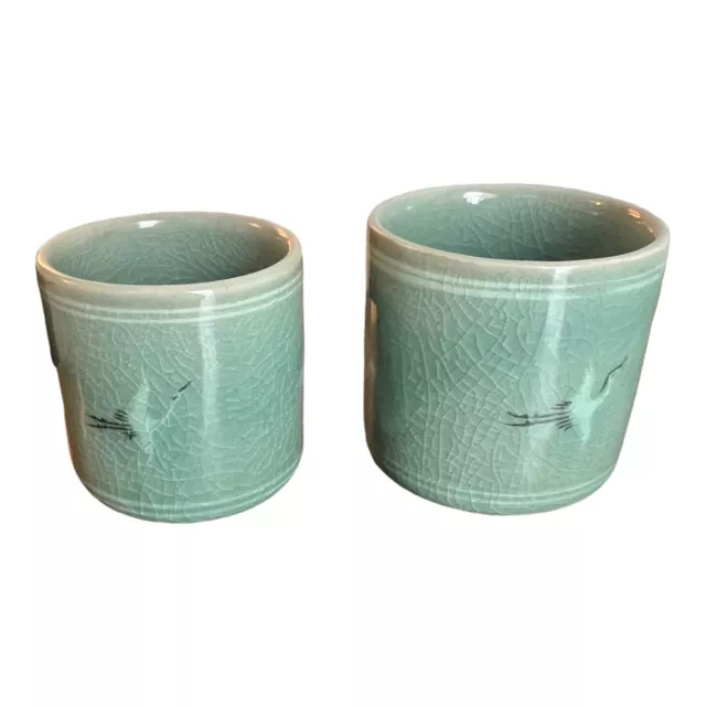 VTG Korean Celadon Tea cups Green Crackle glaze Flying Crane and Cloud