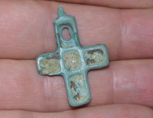 Medieval Viking or Saxon Period Greek Cross Bronze Enamel Pendant Pilgrim Amulet