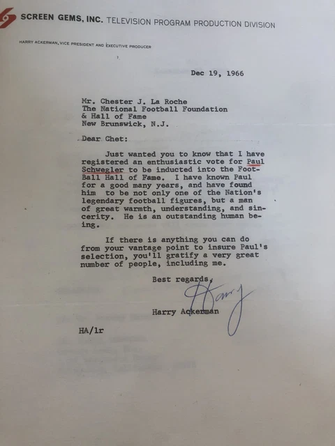 Harry Ackerman Signed Letter Television Producer College Football HOF Nomination
